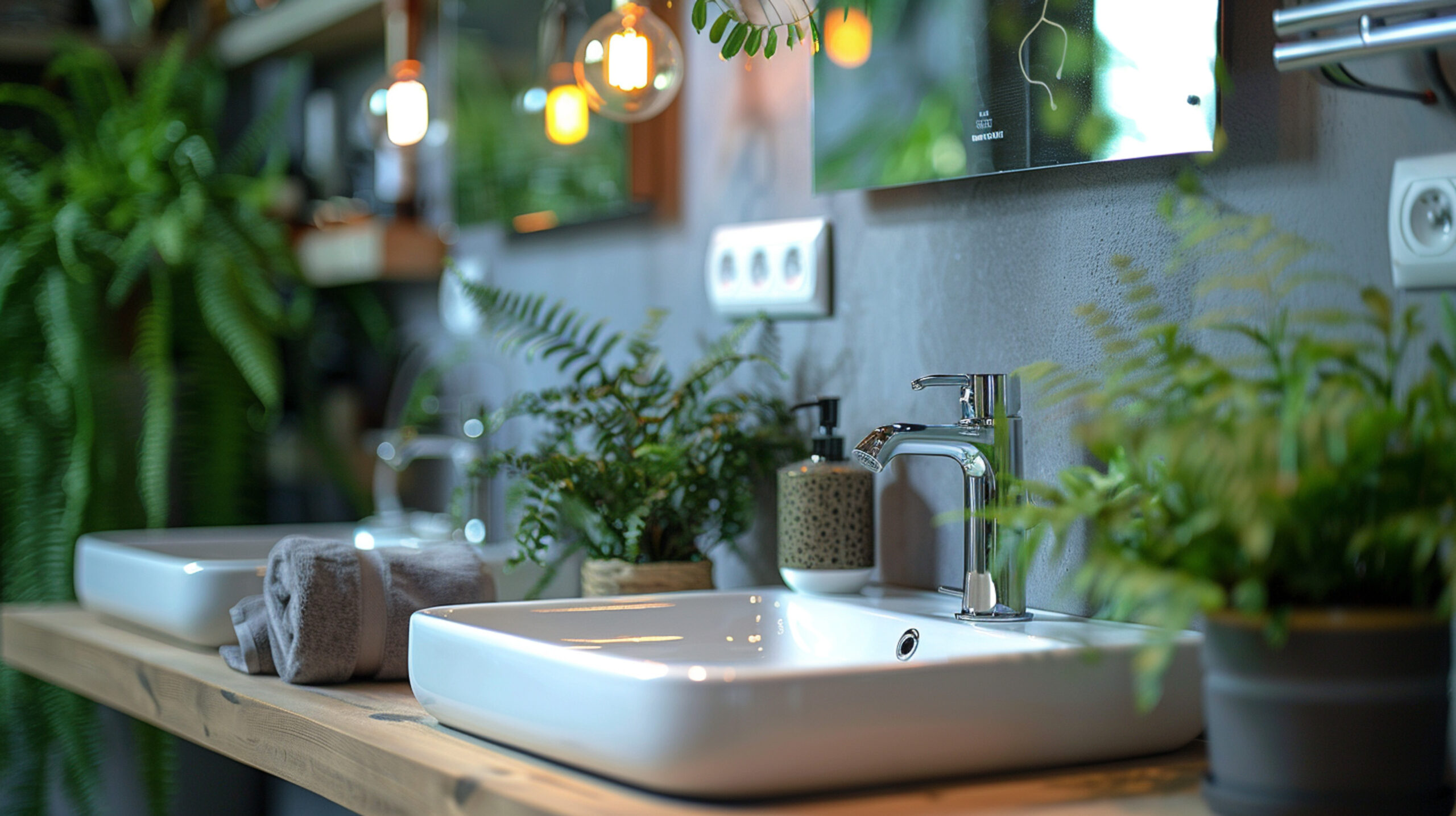 Moderne und nachhaltige Badezimmergestaltung mit Pflanzen und Holzwaschtisch.